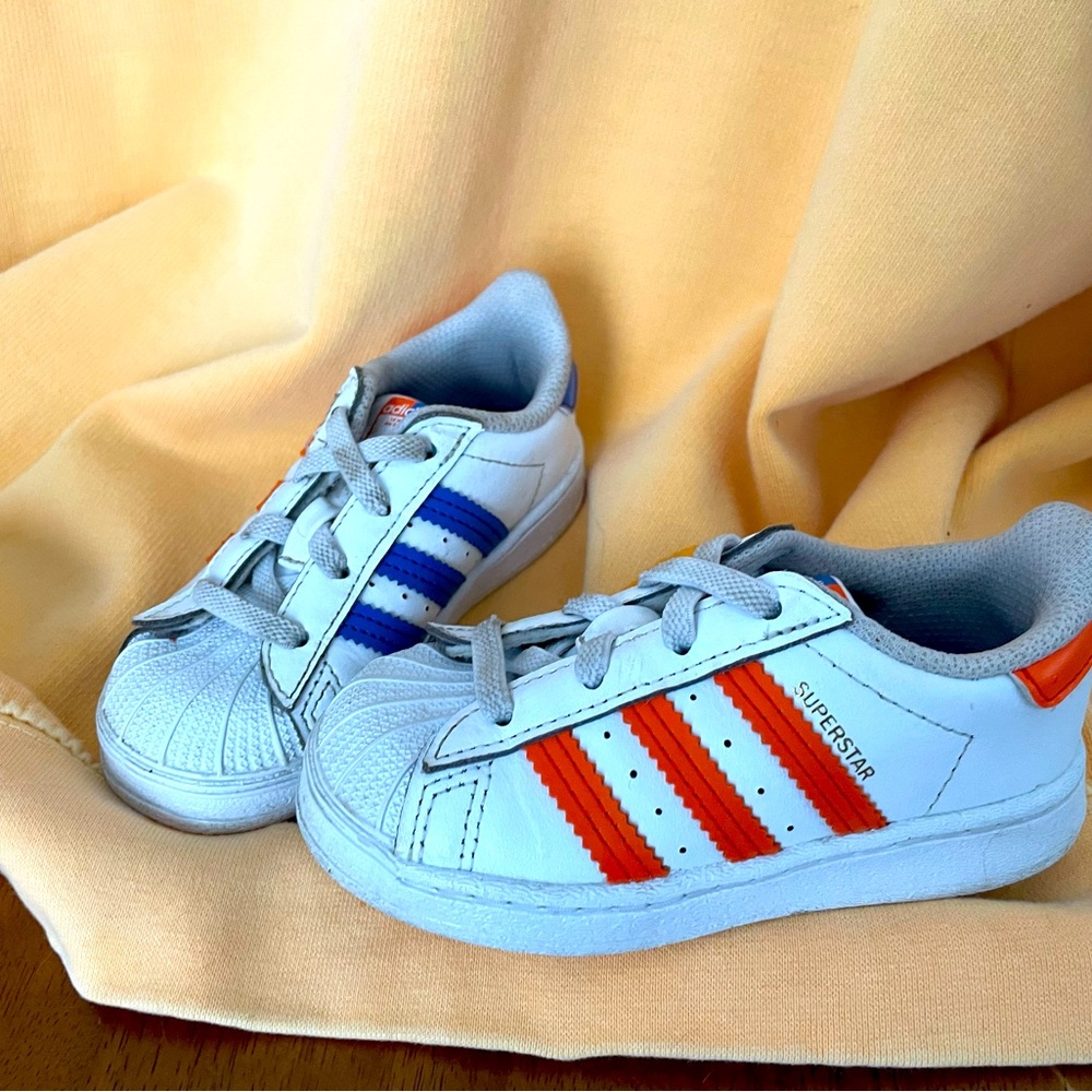 Size 7k Adidas Superstars orange and blue limited edition
